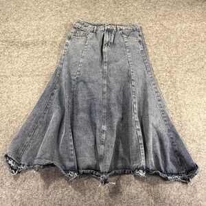 Vtg Y2K Dazy Denim Maxi Skirt Womens Extra Large Blue Flare Raw Hem Panel Boho